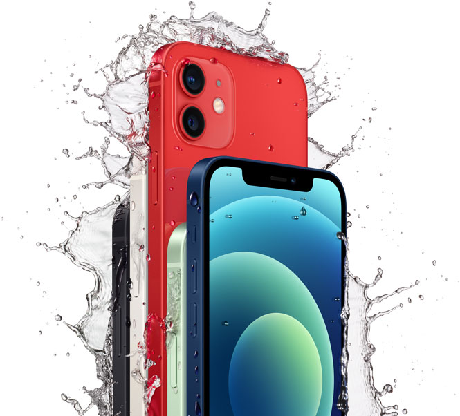 iiPhone i flere farger omringet av vannsprut
