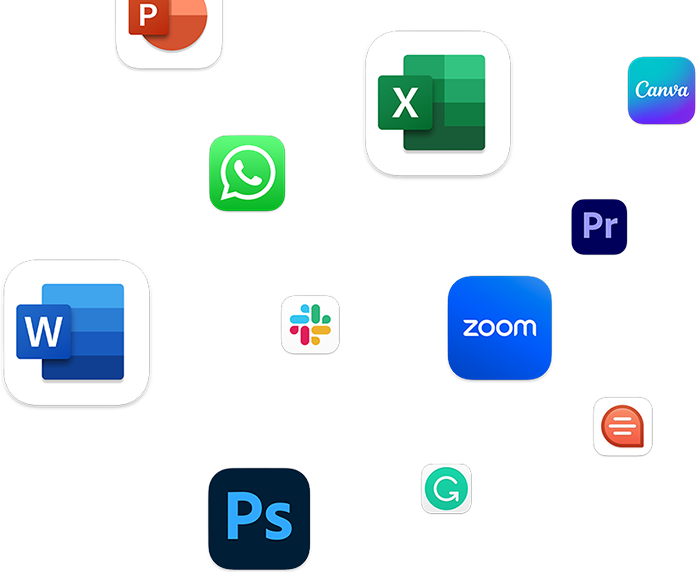 Showcasing compatibility with apps like Microsoft PowerPoint, WhatsApp Desktop, Microsoft Excel, Canva: Design, Photo, & Video, Adobe Premiere Pro, Microsoft Word, Slack for Desktop, Zoom, Adobe Photoshop, Grammarly: Writing App, and Quip.