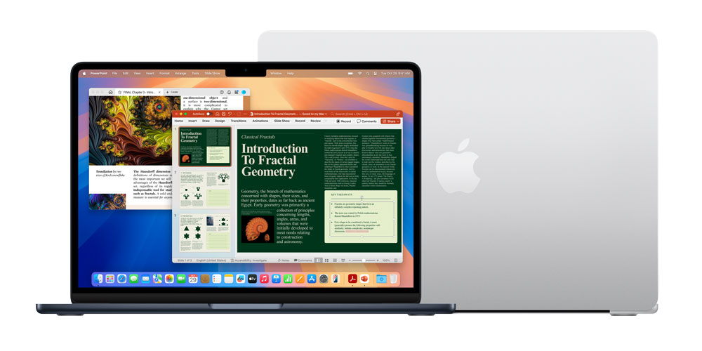 Silver MacBook Air with Mail and Keynote app on display