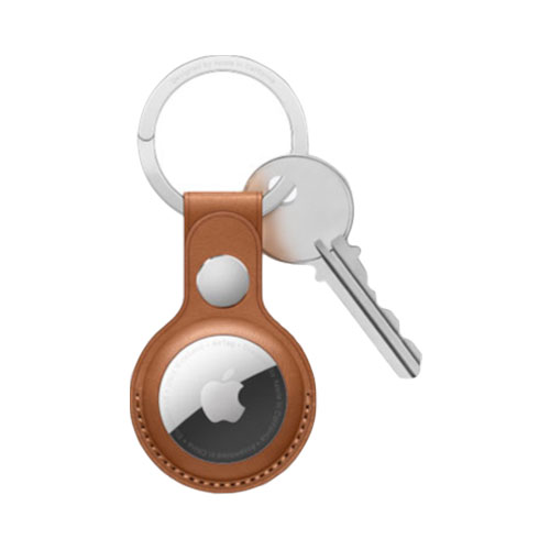With AirTag tracking chip inside brown leather keyring