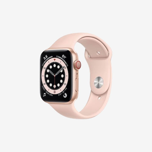 Gold Apple watch with display on and pink armband
