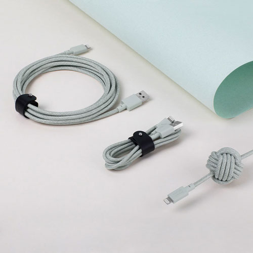 Mint green lightning to usb cables with black straps