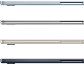 Fire MacBook Air-modeller i de tilgjengelige fargene: himmelblå, sølv, stjerneskinn og midnatt