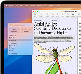 Revidering av et vitenskapelig dokument om flyvemønsteret til øyenstikkere for å gjøre det mer konsist, ved hjelp av Apple Intelligence-funksjonen Skriveverktøy