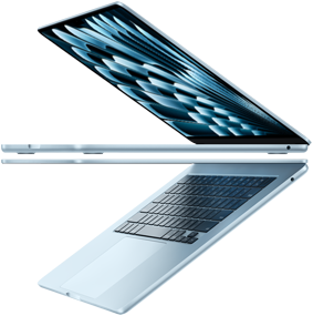 To åpne MacBook Air-laptoper i himmelblå former en pil, som fremhever den tynne profilen