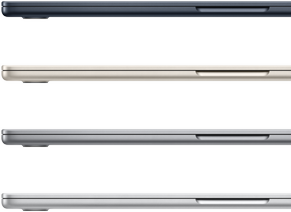 Fire MacBook Air med de tilgjengelige fargene: midnatt, stjerneskinn, stellargrå og sølvfinish