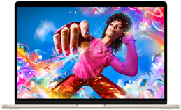 MacBook Air-skjermen med et fargerikt bilde som demonstrerer fargeområdet og oppløsningen på en Liquid Retina-skjerm