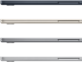 Fire lukkede MacBook Air-maskiner som viser de tilgjengelige fargene: midnatt, stjerneskinn, stellargrå og sølv
