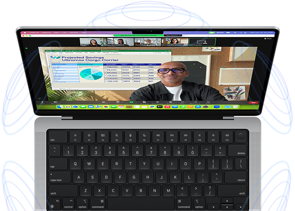 MacBook Pro, omringet av illustrasjoner av blå sirkler som illustrerer 3D-følelsen ved romtilpasset lyd, og på skjermen bruker en person Presentatøroverlegg i en videochat i Zoom for å vises foran innholdet som presenteres