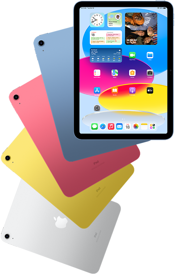 iPad som viser en Hjem-skjerm sett forfra, foran iPader i blå, rosa, gul og sølvfinish sett bakfra.