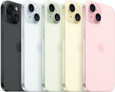 iPhone 15, visning av baksiden med avansert kamerasystem og gjennomfarget glass i alle finisher: svart, blå, grønn, gul, rosa.