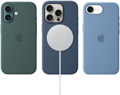 Diverse MagSafe-tilbehør til iPhone iPhone 16-silikondeksel med MagSafe, blågrønn, iPhone 16 Pro-silikondeksel med MagSafe, dongeriblå, tilkoblet MagSafe-lader, hvit, iPhone 16e-silikondeksel, vinterblå