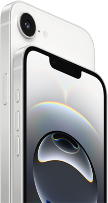 iPhone 16e vist fra siden i hvit finish, siden, handlingsknappen, volumknapper og Fusion-kamera på baksiden