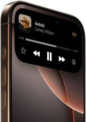 En sang spilles av på en iPhone 16 Pro i svart titan