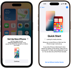 En ny iPhone konfigureres ved siden av en eldre iPhone, og Hurtigstart brukes til å veilede brukeren gjennom dataoverføringen