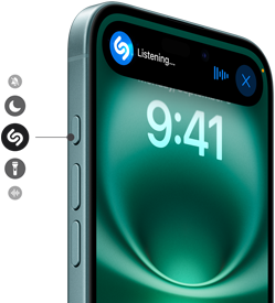 Symbolene for ulike valg for handlingsknappen vises ved siden av en iPhone 16 i blågrønn mens Shazam lytter etter en sang på skjermen