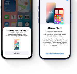 En ny iPhone som konfigureres ved siden av en eldre iPhone, og Hurtigstart brukes til å veilede brukeren gjennom dataoverføringen