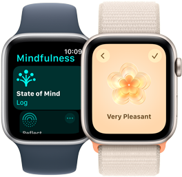 To Apple Watch SE-modeller. Én av dem viser Mindfulness-appen med sinnsstemninger fremhevet. Den andre viser sinnsstemningsalternativet «Veldig behagelig».