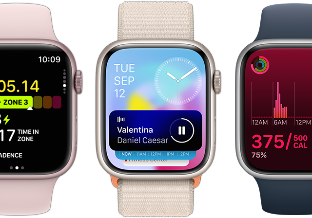 Fem Apple Watch-modeller sett forfra som viser hvor mye ekstra informasjon det er plass til takket være oppdateringene i WatchOS 10.