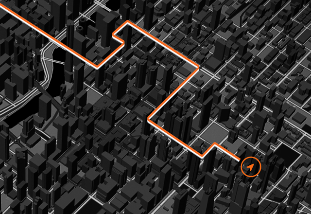 Kart som viser en markert rute gjennom en tettbygd by, illustrasjon av presis GPS-funksjonalitet