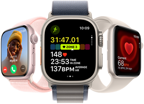 Apple Watch Series 9 vendt litt mot venstre, Apple Watch Ultra 2 sett rett forfra og Apple Watch SE vendt litt mot høyre