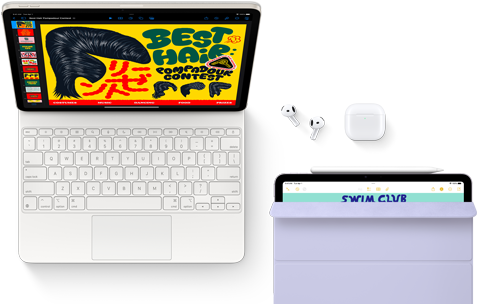 iPad Air festet til Magic Keyboard, med AirPods Pro, Apple Pencil Pro og Smart Folio-tilbehør