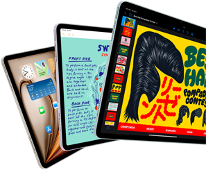 Tre iPad Air-skjermer som viser iPadOS-funksjoner