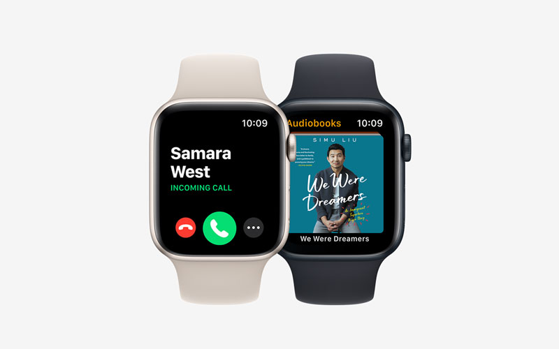 Two Apple watches next to each other showing call display and podcast app