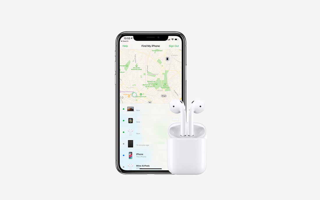 iPhone with Maps app displayed next to Apple white headphone plugs with case