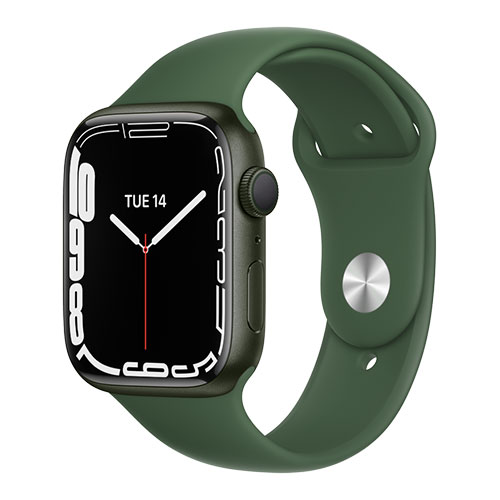 Space grey Apple Watch Series 7 with green sports band