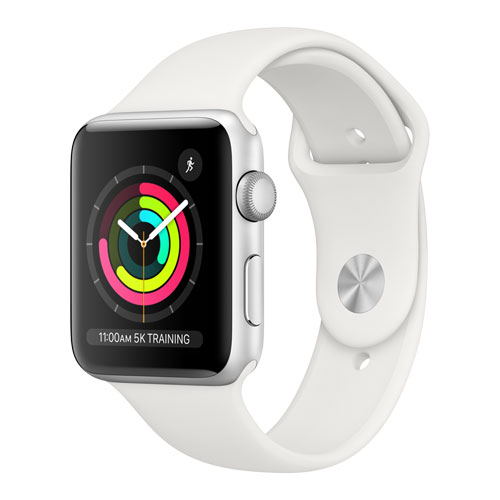 Silver Apple Watch Series 3 with white sports band