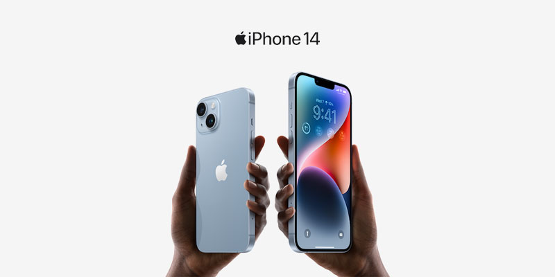 Two hands holding Apple iPhone 14
